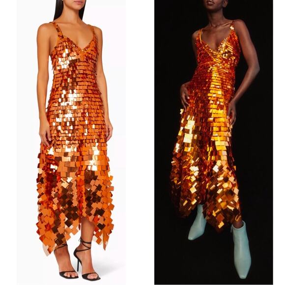 Jonathan Simkhai Indra Sequin Embellished Asymmetric Orange Maxi Dress Sz 2 - Picture 3 of 10